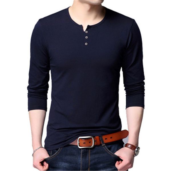 

new 2021 fashion casual long sleeve solid t-shirt men slim fit henry collar cotton tee 8xch, White;black