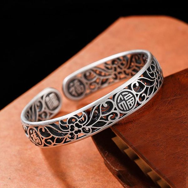 

bangle chinese style silver bracelet, retro blessing character, handmade flower-shaped open jewelry accessories, Black