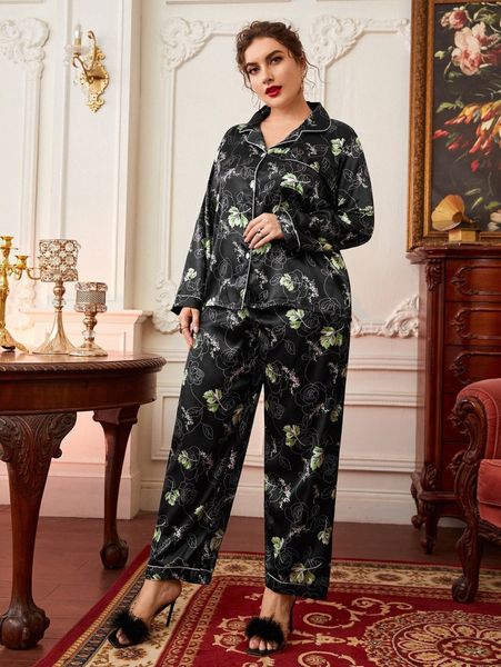 

plus floral print contrast piping satin pj set e6qg#, Black;white