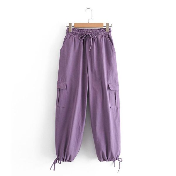 

women autumn pockets cargo pants solid elastic waist bow tie fashion street female casual pants trousers clothing, Black;white