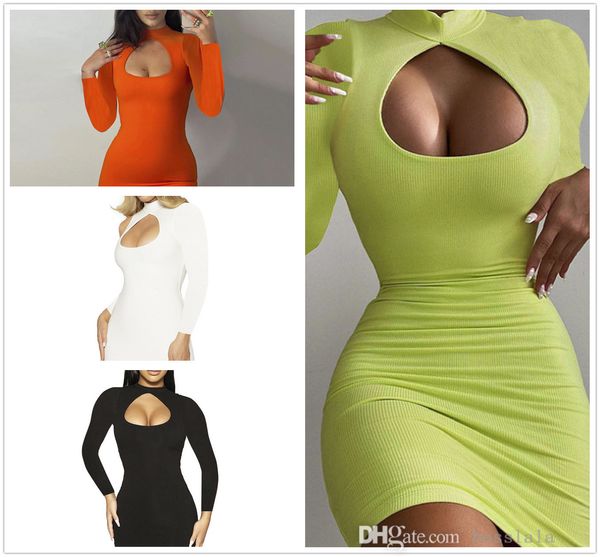 Frauen Langarm Kleid Neue Sexy Brust Wrap Einfarbig Hohe Taille Mittlere Länge Aushöhlen Rock 2024 Trends Frühling