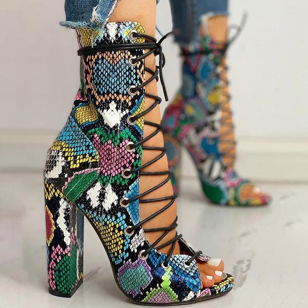 

women's sandal new 2021 summer wind strap snake print heel, Black