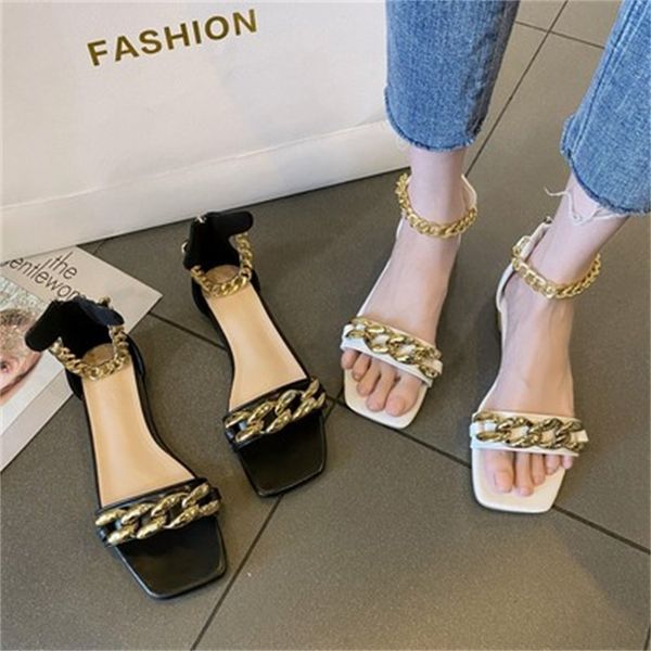

summer new style ladies sandals slippers chain low heel sandals, Black