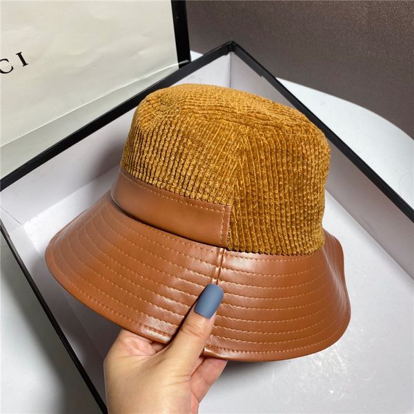

autumn and winter women corduroy splicing pu leather hat eaves fisherman's versatile foldable basin bucket hat, Yellow