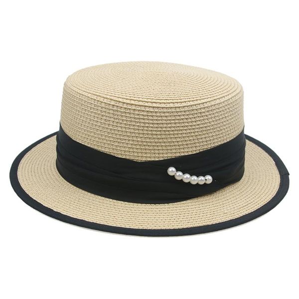

wide brim hats women solid khaki white black sun hat band pearl elegant flat outdoor protection beach fashionable summer, Blue;gray