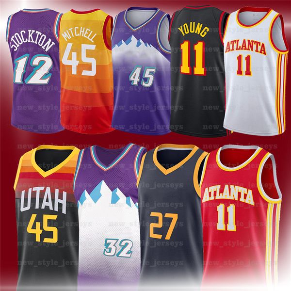 

young 11 trae ncaa donovan 45 mitchell gobert 27 rudy 12 john malone stockton 32 karl men conley basketball jerseys, Black;red