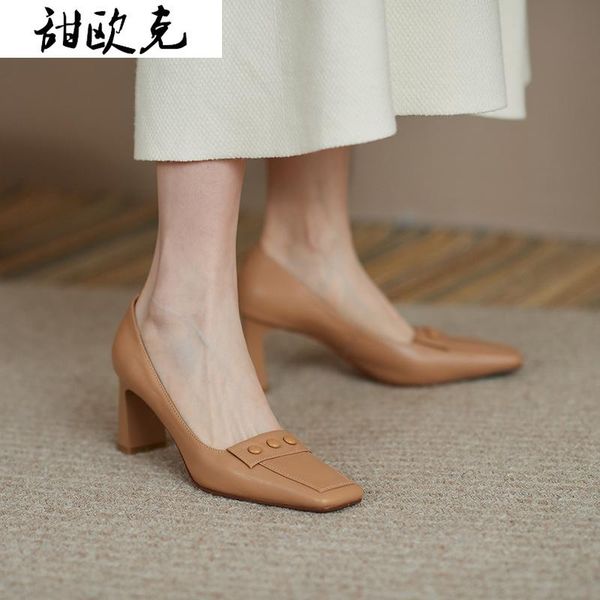 

dress shoes spring pu leather women's fashion square heel retro toe shallow white apricot womens heels, Black
