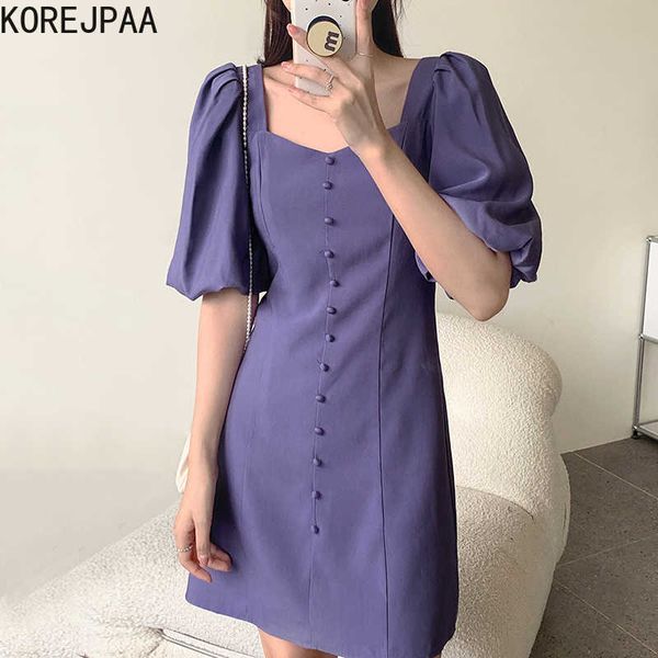 

korejpaa women dress korea chic summer french elegant gentle v-neck chic single-breasted bubble sleeve short vestido 210526, Black;gray
