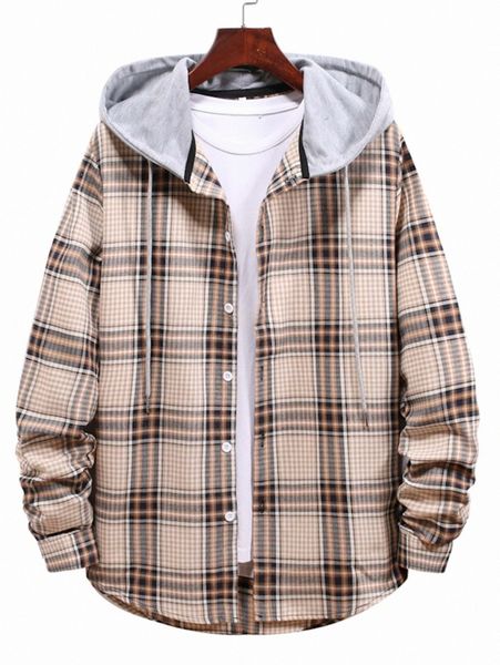 

men contrast hooded drawstring plaid shirt without tee 98eh#, White;black