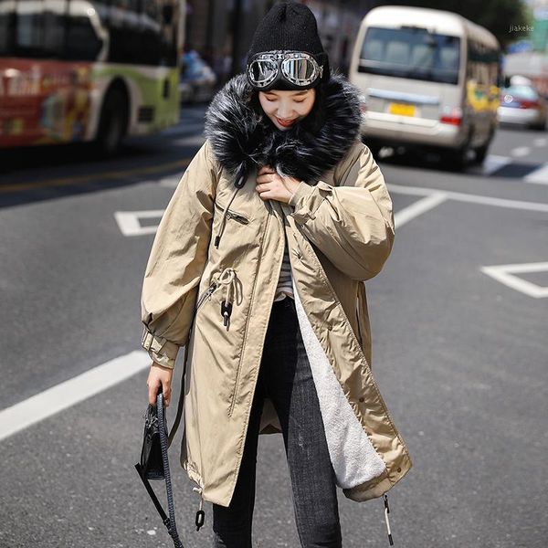 

heiyu winter wool liner cotton padded long parkas women warm hooded large fur collar thickness overcoat female snow outwear1, Black