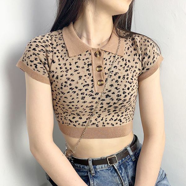 

2021 new women polo cropped in leopard ribbed knit shoulder slit fit a3qb, White