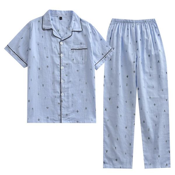 

men's sleepwear pajamas spring summer short sleeve trousers thin double-layer gauze home casual suit small pine tree print pajama men, Black;brown