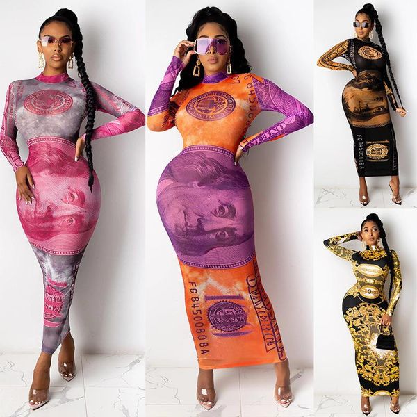 

casual dresses womens spring autumn lightweight long sleeve pencil dress comfort skinny fit bodycons mock neck pattern printing, Black;gray