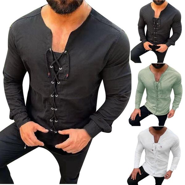 

men's casual shirts men clothing spring pullovers collarless black bandage shirt man solid color fashion long sleeve blouses, White;black