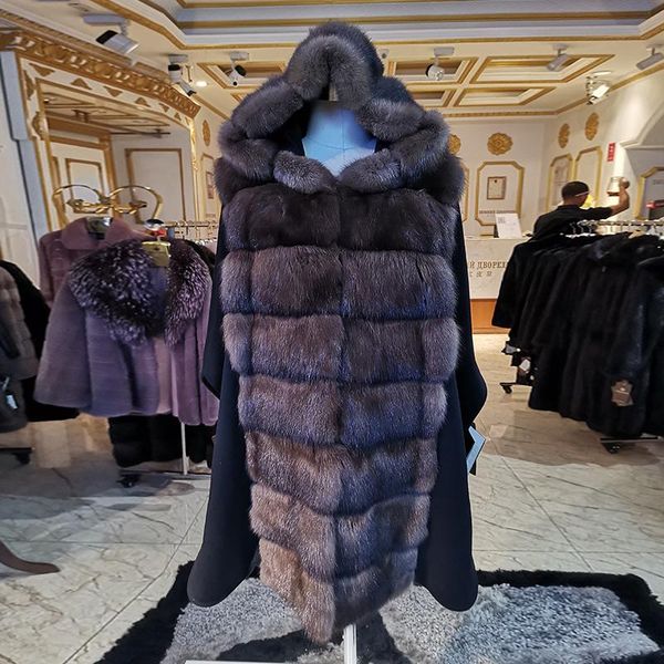 

women's fur & faux fashion sable coat imported mink match italian cashmere long with winter real, Black