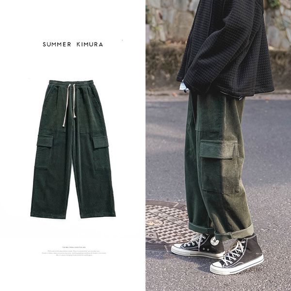 

2021 new men's loose multi pocket casual corduroy fabric cargo baggy straight pants streetwear hip hop style trousers m-2xl dcqj, Black