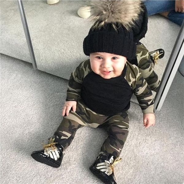 Neue Stil Neugeborenen Kleinkind Baby Jungen Kleidung Langarm Camo Patchwork Top + Hosen Infant 2 Stück Baby Mädchen Kleidung set 210309