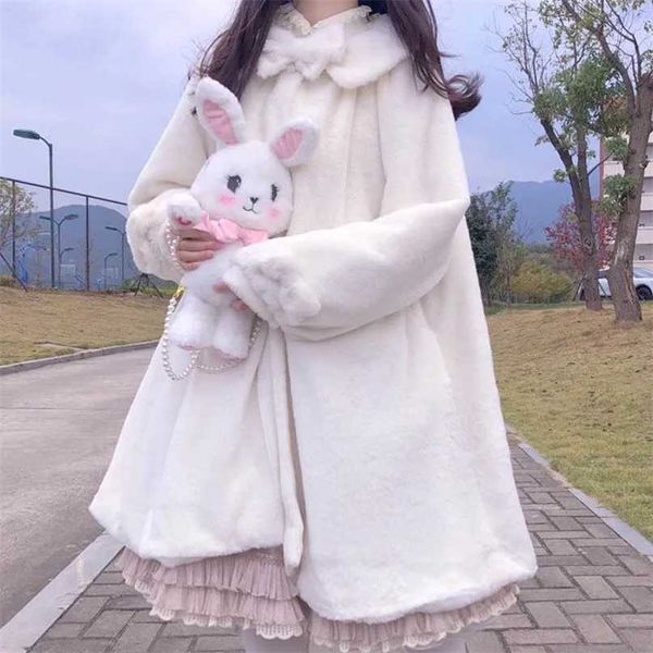 Giapponese Lolita Cappotto Donne Inverno Kawaii Faux Coniglio Furry Cute Imbottito Caldo Cappotto di pelliccia finta Felo Cappotto morbido Sorbido Scialle di peluche sopra il 211018