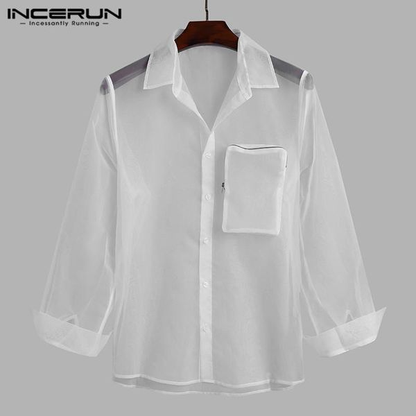 

incerun 2021 men mesh shirt see through lapel long sleeve pockets solid color blouse streetwear nightclub party shirts men, White;black