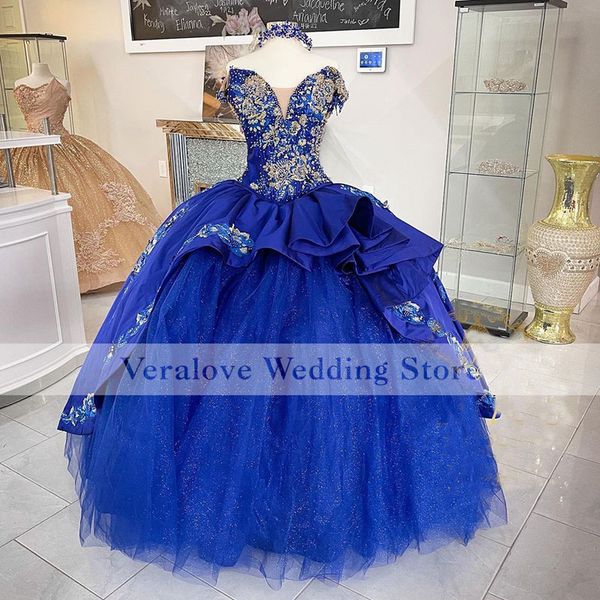 Königsblaue Quinceanera-Kleider für 15 Jahre, Stickerei, Perlen, süßes 16-Kleid, Applikation, Schleife, langes Ballkleid, Ballkleider