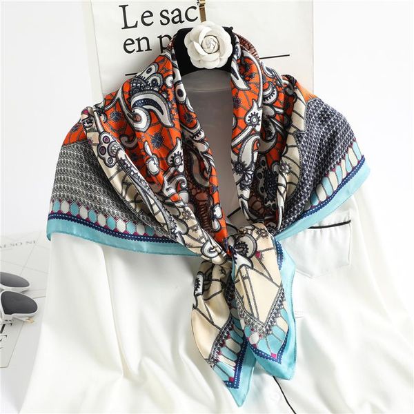 

scarves 2021 design women bandana silk scarf square hijab shawl large print foulard neck female wrap headband neckerchief, Blue;gray