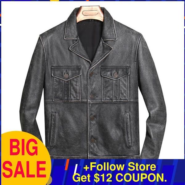 

men's leather & faux 2021 vintage black casual style jacket men large size 3xl single breasted genuine cowhide autumn slim fit coat