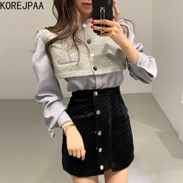 

korejpaa women dress sets korean chic retro design knitted vests and solid-colored long-sleeved shirts and short skirt suit 210526, White