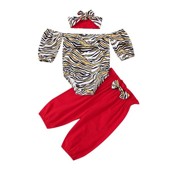 

clothing sets 3 pieces baby suit set, girls striped boat neck off shoulder romper+ long pants+ headband for summer fall, White