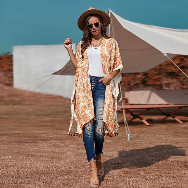 

women's swimwear shiying blouse spring summer 2021 ethnic style print tassel beach sunscreen medium sleeve cardigan 254324, White;black