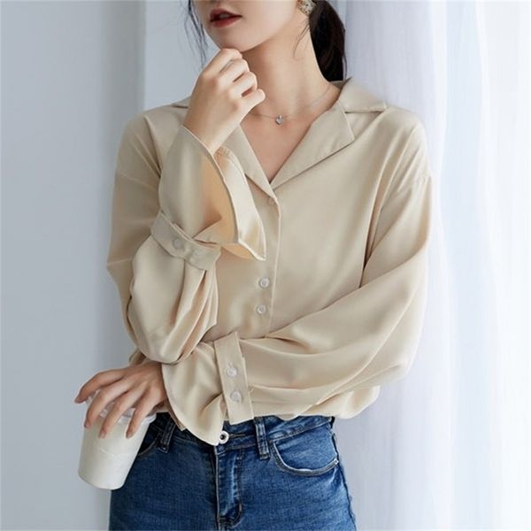 

women's solid color long sleeves turndown collar formal blouses women office shirts loose chiffon shirts blouses 210603, White