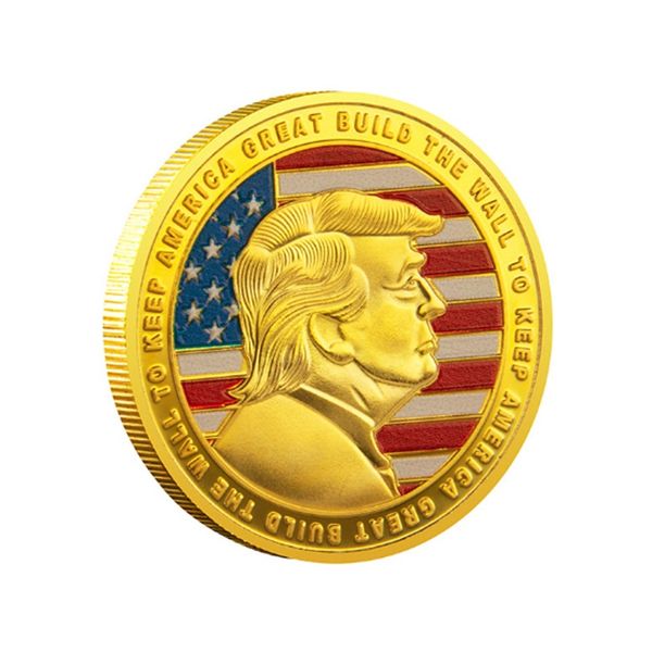 

2pcs non magnetic crafts donald j trump of us president keep usa great build the wall to american gold plated souvenir coin