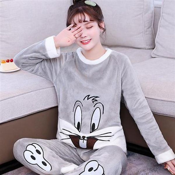 

cartoon set flannel winter women sleepwear pajamas pajama 2piece suit long coat pant homewear big size, Black;red