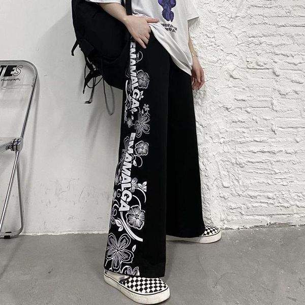

men's pants 2021 men women's loose sports harajuku street straight wide leg korean spring vintage floral printed casual trousers, Black