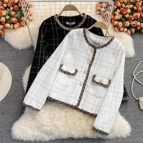 

women's jackets contrast tweed plaid coat 2021 autumn winter girl korean fashion white black jacket office work suit top, Black;brown