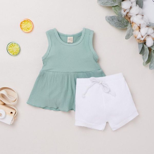 

clothing sets baby girl outfits two-pieces set for 0-24m solid sleeveless o neck pullover elastic waist bandage shorts casual summer hom, White