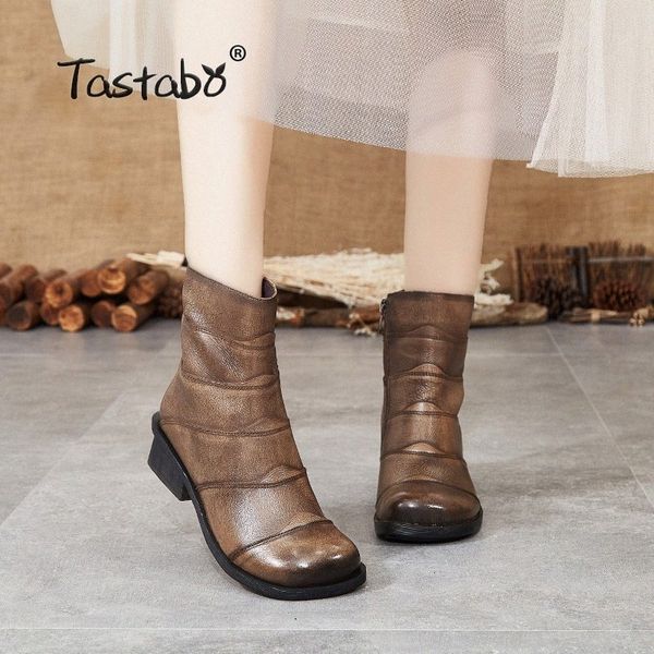 

tastabo genuine leather ladies ankle boots khaki black s88208 low heel daily womens boots style comfortable soft bottom s90d#