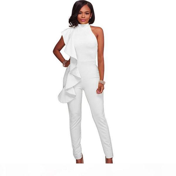 

women plain blue black jumpsuit ruffles sleeveless sheath bandage rompers party night clubwear slim bodycon stretch overall, Black;white