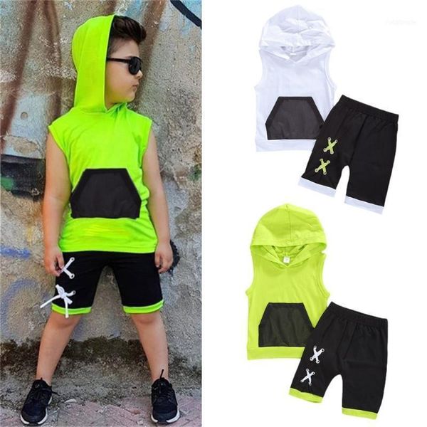 

1-6y summer toddler baby boys clothes sets pocket solid sleeveless hooded shorts 2pcs1, White
