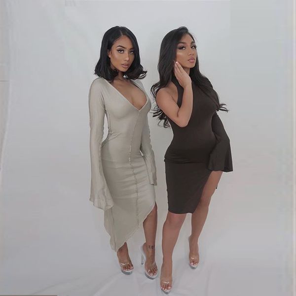 

2021 summer women dress one shoulder longe sleeve elegant party club wear iiregular outfit high waist soft fabric, Black;gray
