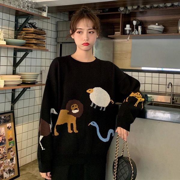 

women's sweaters winter 2021 trend small fresh interesting animal jacquard loose lovely long sleeve knitting sweater student style roun, White;black