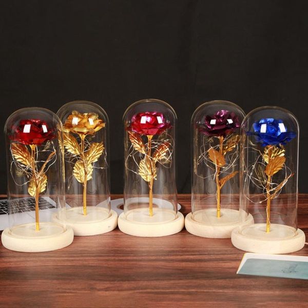 

led rose eternal flower with fairy string lights in dome for wedding valentine's day gift