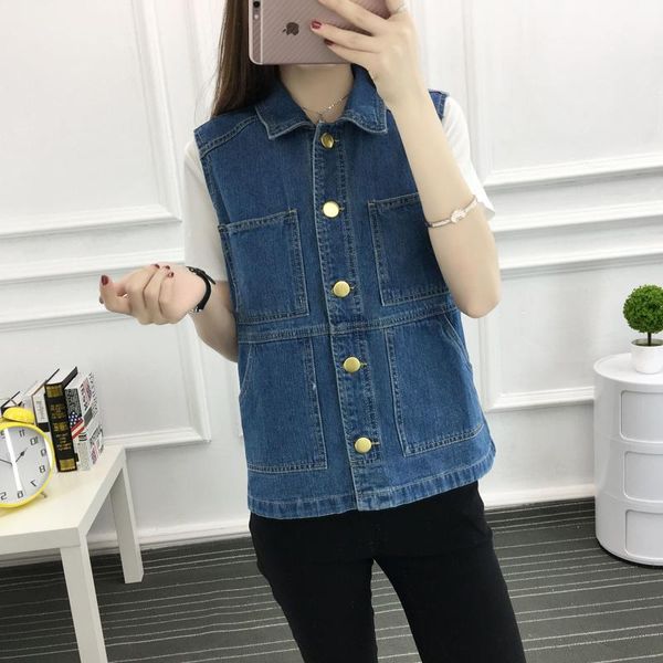 

women's vests stylish loose casual pockets wild denim vest, Black;white