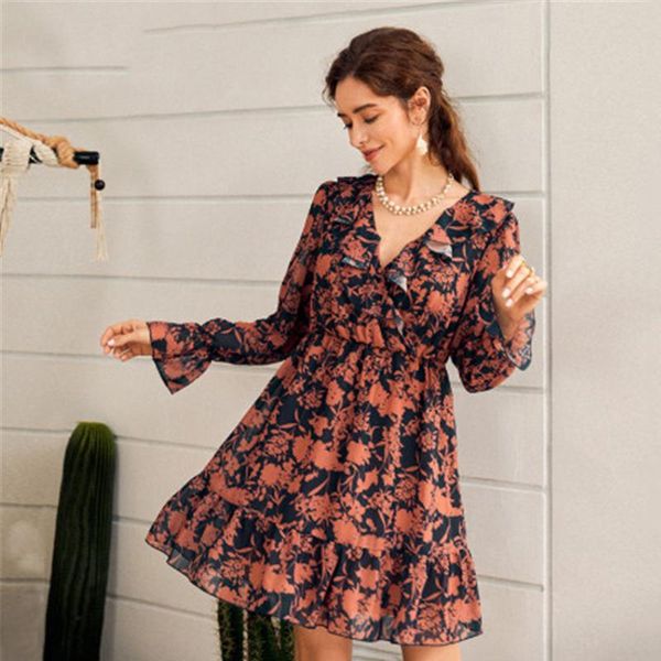 

casual dresses la cisne v-neck long-sleeved mid-length dress summer vacation chiffon floral pure color lace female vestidos 2021, Black;gray