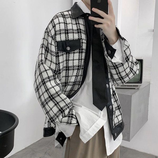 

2021 korean style men's fashion trend coats white/black color lattice printing bomber jacket streetwear clothes outerwear m-2xl, Black;brown