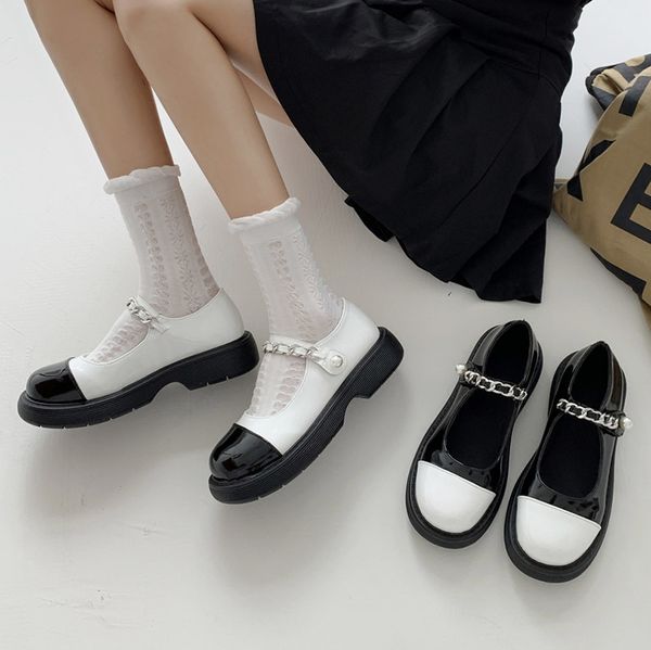 

dress shoes mary jane flat shoes on black platform white colors mixed thick leather soles pearl boat zapatos mujer 9270n 87xj