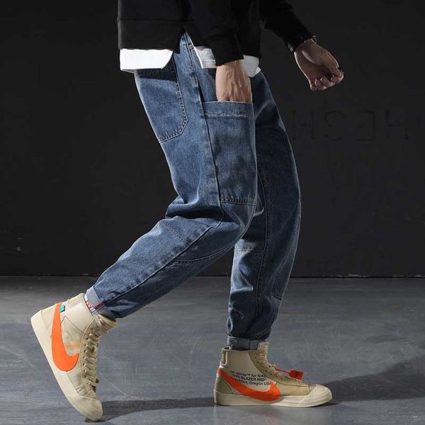 

2021 new baggy harem mode occasional medium loose hip pants blue black jeans foot rows patch bag man clothes md42