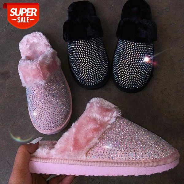 

puimentua winter bling faux fur home slippers women warm girls mule house shoes crystal indoor bedroom non-slip soft slides #2c3f, Black