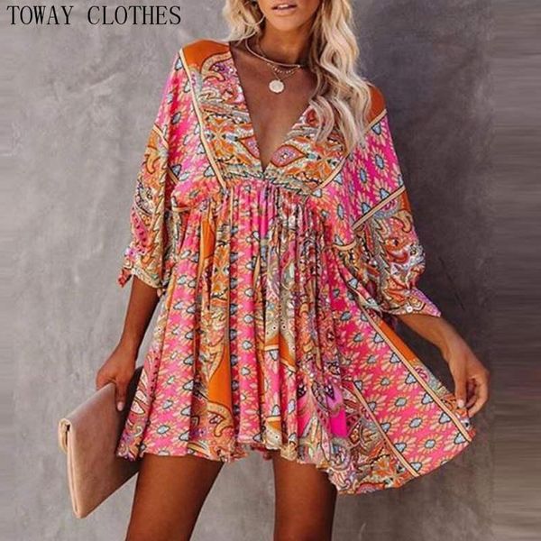 

casual dresses women ethnic print ruched dress stylish loose fit v-neck mini, Black;gray