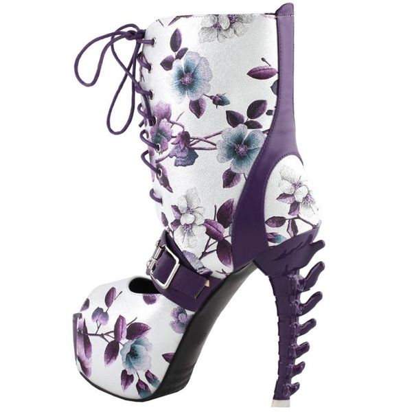 

dress shoes lf80696 show story punk floral print stud buckle lace-up platform bone heel club ankle bootie sandals, Black