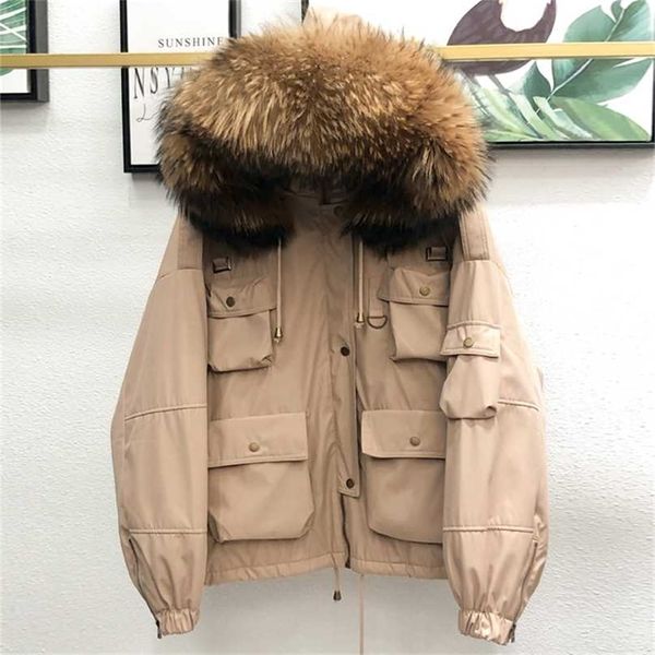 

large natural raccoon fur women down coat winter thick 90% white duck parka female hooded short jacket loose outerwear 211216, Black